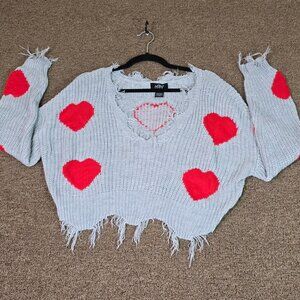 Just Polly Heart Print Crop Destroyed-Edge Sweater Gray Sz L PreOwned
